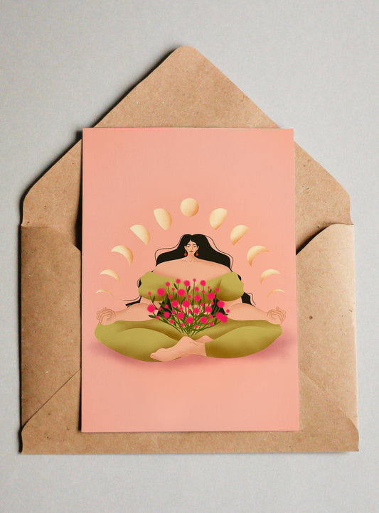 Yoga, Flowers & Moon - Illustration postcard - Biarritz